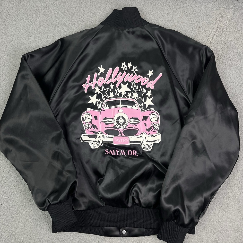 Vintage Hollywood Tavern Jacket Satin Coat Pink Car Salem Oregon Four Seasons Lg